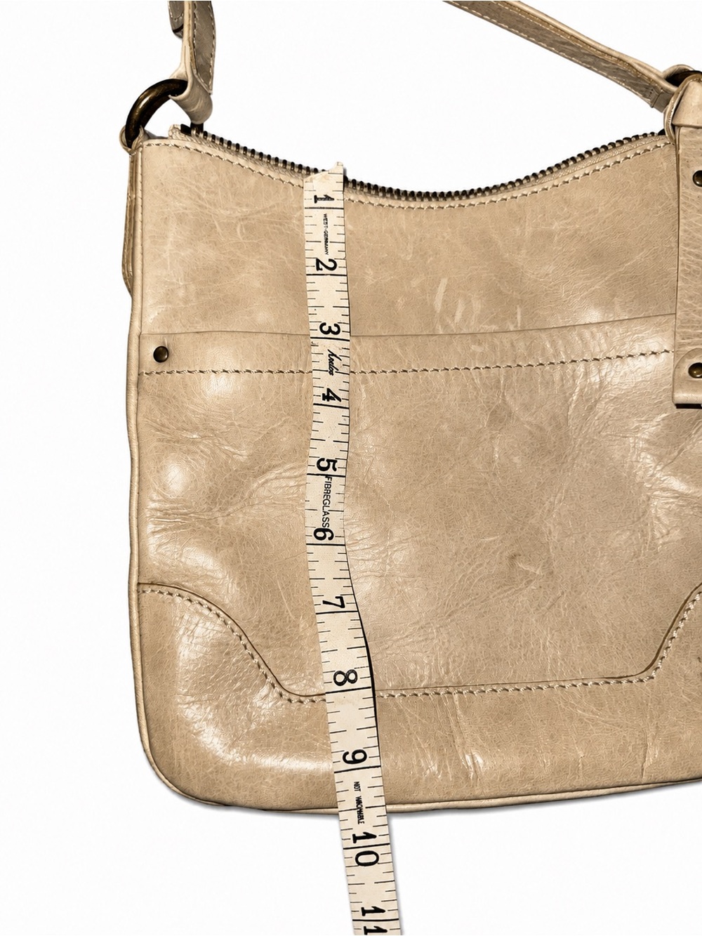 Frye Melissa Zip Crossbody Bag Beige Distressed Leather Adjustable Strap - Picture 3 of 5